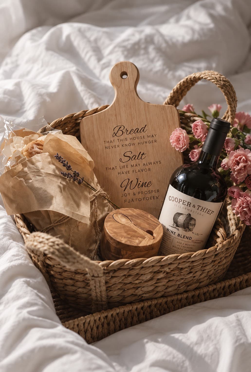 A curated housewarming gift basket by Bailey with bread, wine, textiles, wood, and engraved details arranged as a complete presentation.